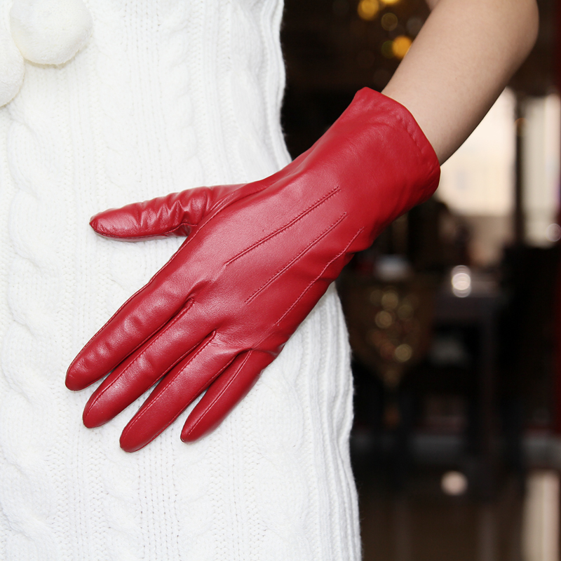 Red medium-long women's genuine leather gloves suede autumn and winter pure wool thermal