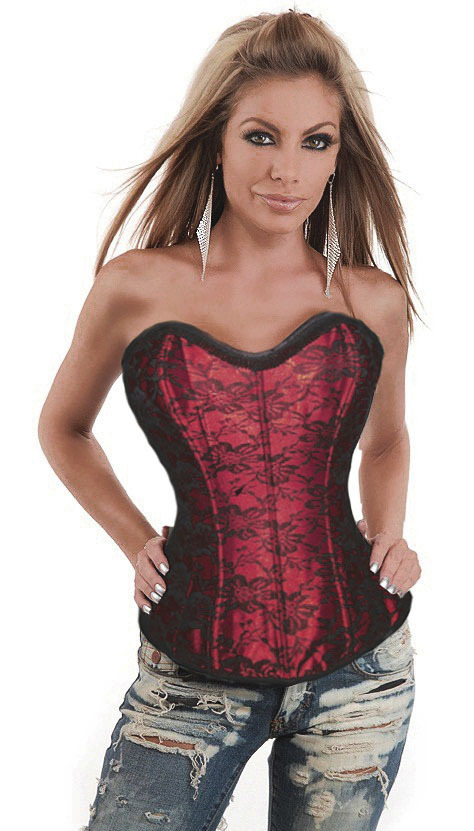 red new sexy lace up back corset top bustier with mini skirt and thong 8199