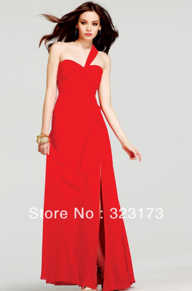 Red One Shoulder Floor Length Chiffon Sexy Evening Dress 2013