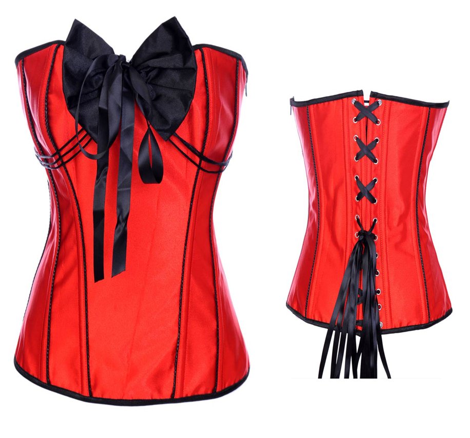 Red overbust corset with black flower Free Shipping - 2850