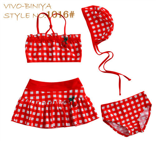 Red plaid girls split swimwear piece set