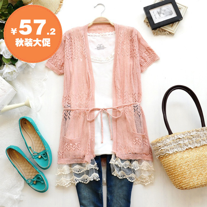 Red s4062 2012 sweet lace decoration patchwork short-sleeve cardigan female
