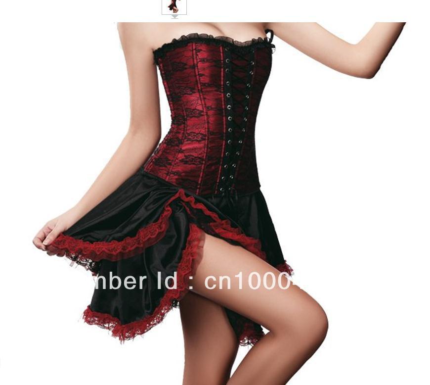 Red satin corset busiter lace up boned costume  +g-String+mini skirt