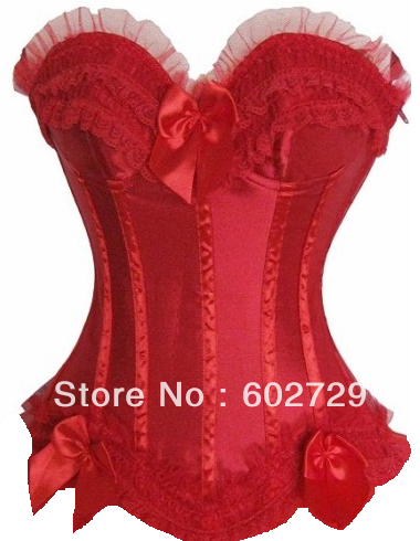 Red satin lace up boned corset bustier lingerie with padded bra underwear factory supplier S-2XL