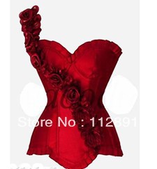 Red satin single rose shoulder outwear shaper Lace up Corset Bustier clubwear with padded cup+G-string S-XXL   M0223