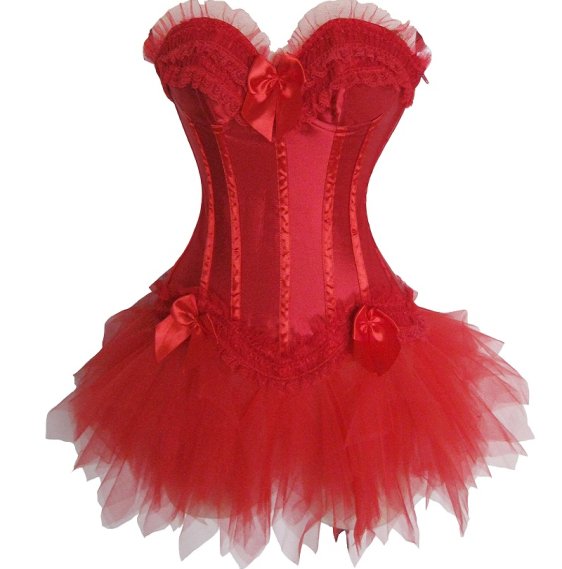 Red satin top corset with padded cup underwire +G-string+Red mini skirt S-2XL