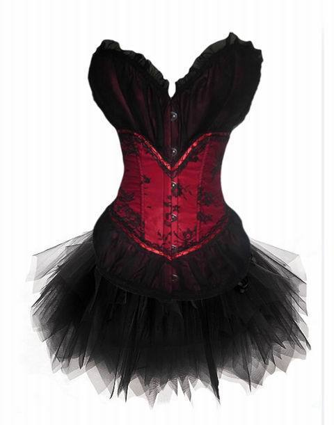 Red satin with black lace overlay boned hook eye front lace up Burlesque corset bustier +Mini Skirt S-2XL