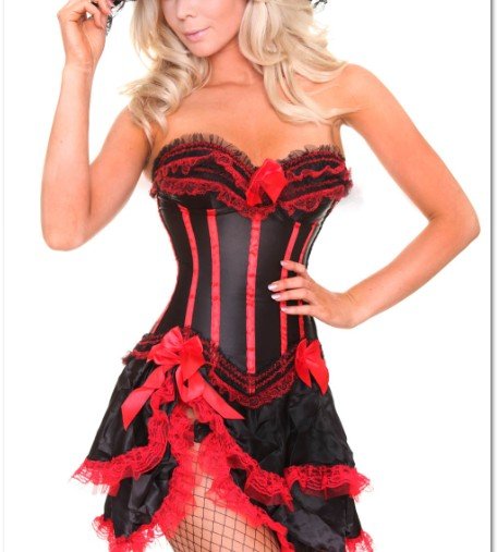 Red satin with stripe corset busiter lace up boned costume showgilr S-2XL+g-String+mini skirt