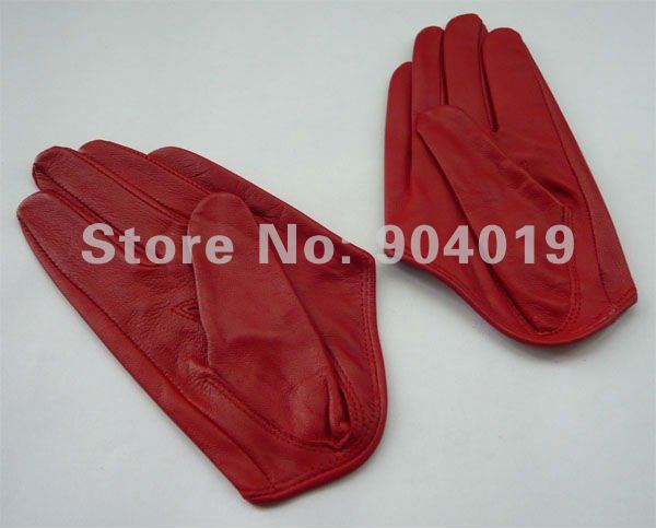 Red Sexy Lady 5 Fingers Half Palm Genuine Leather Gloves Size M