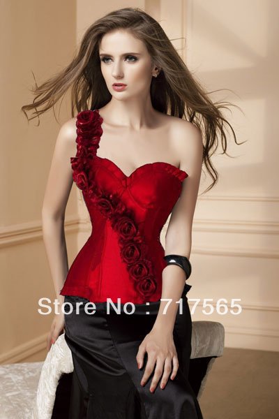red - - Sexy lingerie , Long Fashion overbust Red Brocade Pattern strapless corset + rugosa rose