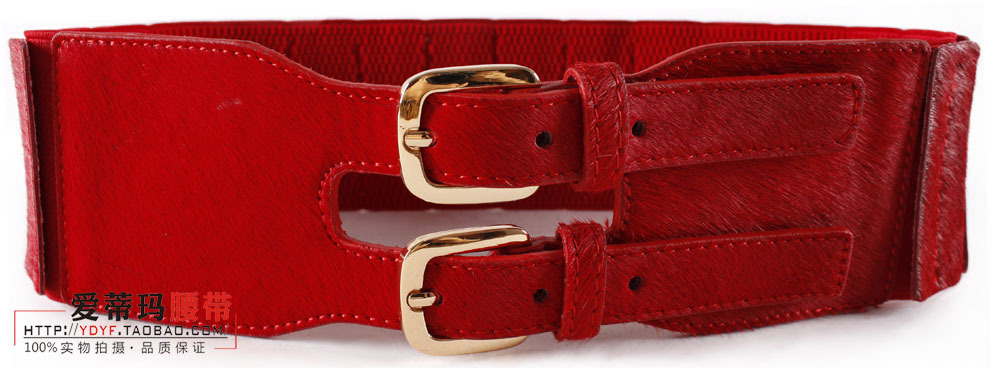 Red shell mosaic double buckles genuine leather cummerbund decoration belt female fashion elastic wide belt cummerbund fashion