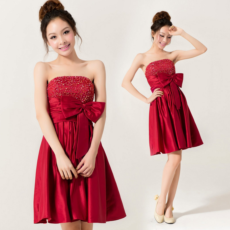 Red short design formal dress paillette bridesmaid dress bridal tube top formal dress OEM YHZ019