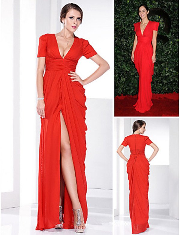 Red Short Sleeves V Nek A line Chiffon Ruffles Prom Party Evenin Katharine Mcphee  Celebrity Dresses