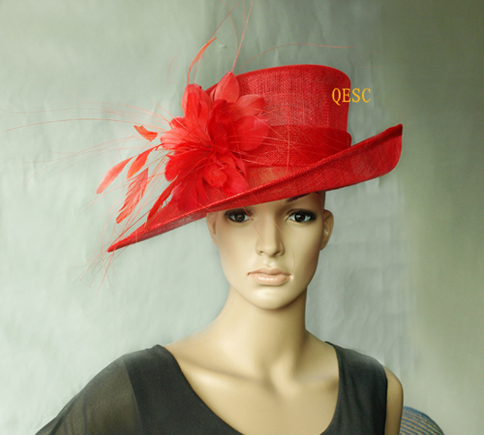 Red Sinamay Hat Churcha hat with feather flower and ostrich spine for kentucky derby.