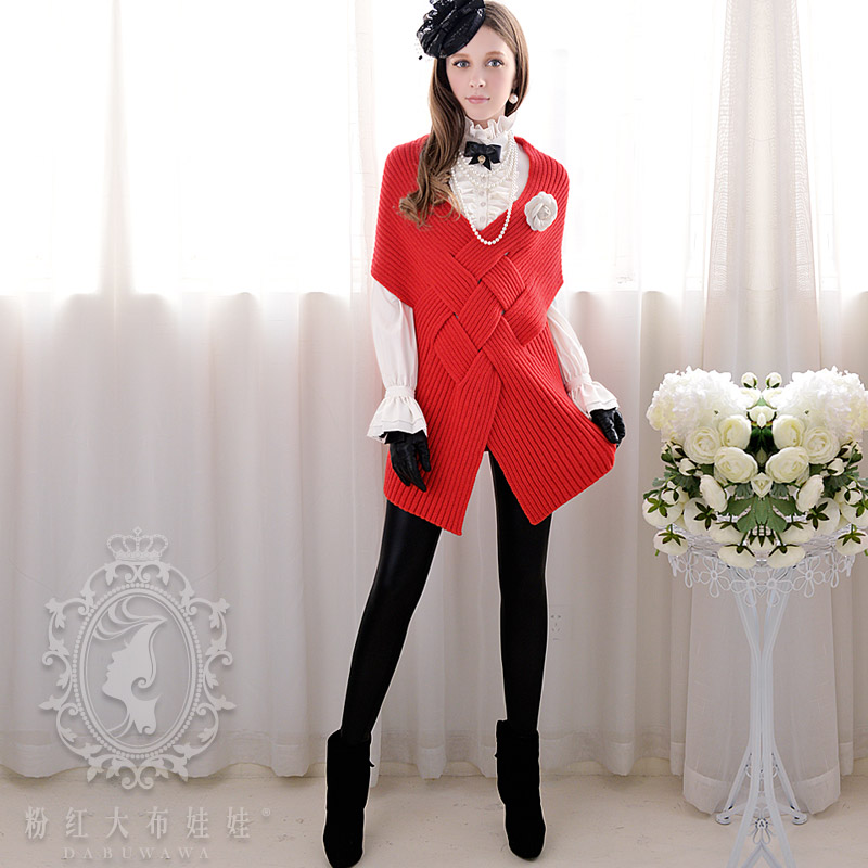 Red slim knitted elegant sweater cape outerwear female a12.18