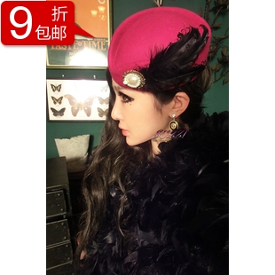 Red small woolen fedoras feather decoration cap fashion vintage party fedoras new arrival