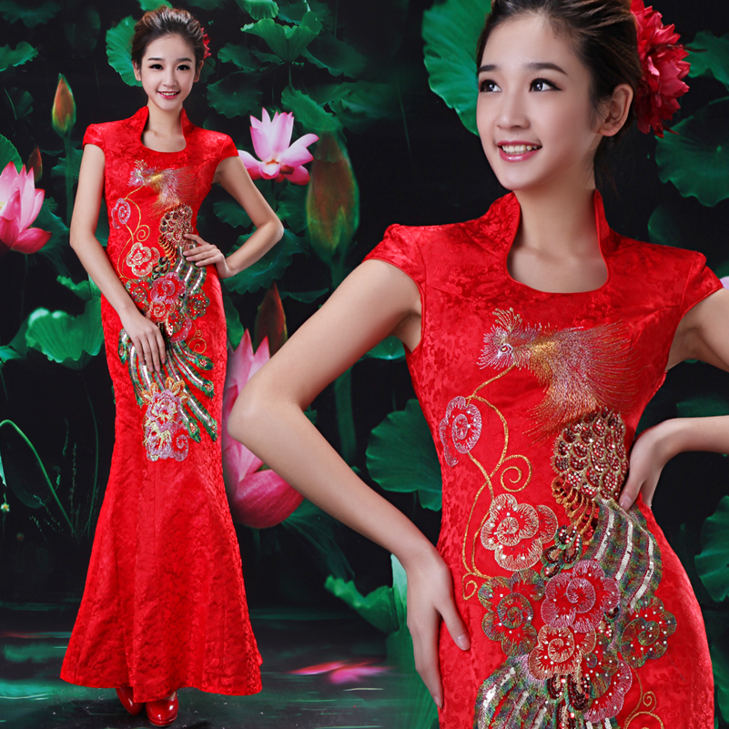 Red vintage lace chinese style bride married toast cheongsam formal dress wedding dress short design bridal wear 2001