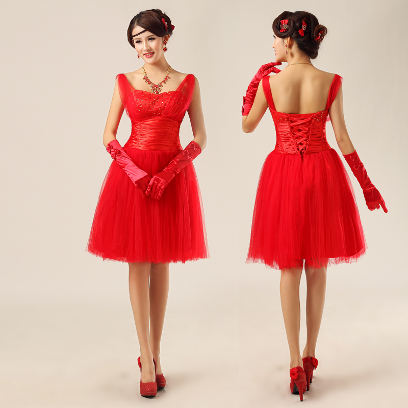 Red wedding dress bridal evening dress formal dress short design strap formal dress