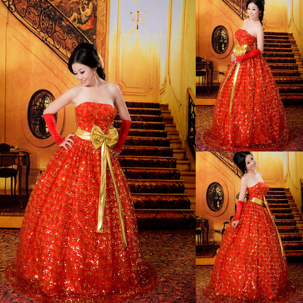 Red wedding dress formal dress sweet princess bow paillette