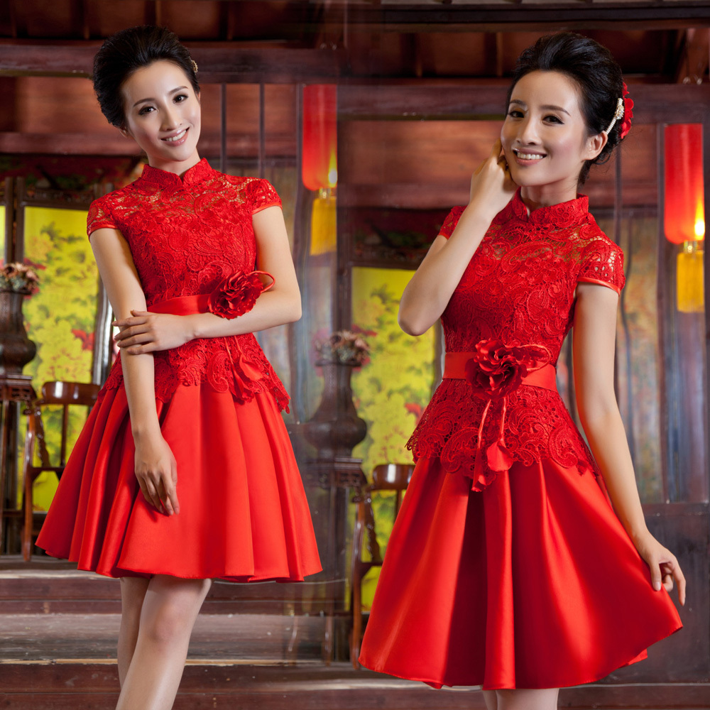 Red winter chinese style vintage bride evening dress marriage fashion short design cheongsam evening dress