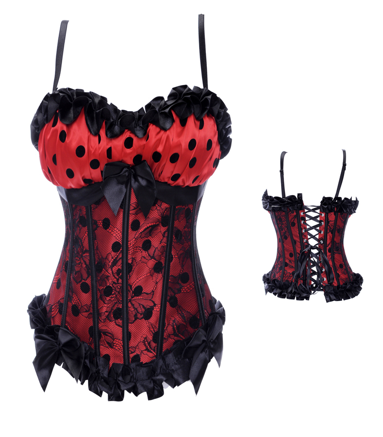 Red with black dots and lace overlay lace up boned strap padded cup bodyshaper  S-2XL  dropship