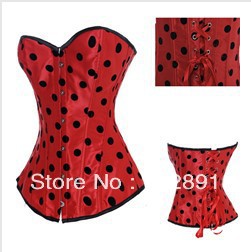 Red with Black dots lace up boned corset busiter underwear+G-string S-2XL M0237
