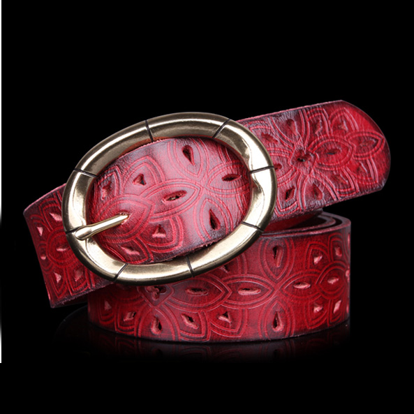 Red women's belt strap genuine leather first layer of cowhide fashion all-match decoration belt cutout wide belt black