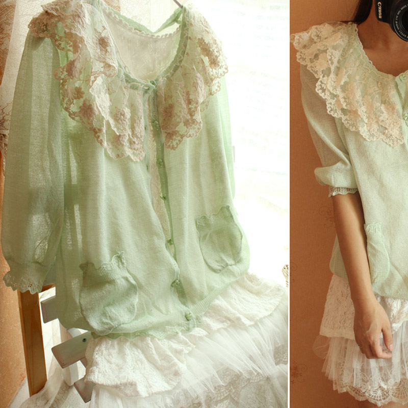 Refreshing series loose . linen princess lace collar thin cardigan