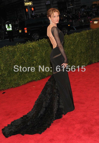 Renee Zellweger Open Back Black Formal Evening Dress Tiered Fishtail Train Elastic Satin Long Sleeve Celebrity Dress
