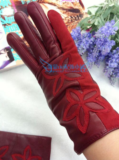 Repair genuine leather gloves women's autumn and winter fashion sheepskin thermal women's Wine red