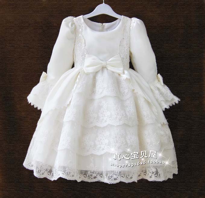 Rertail ! Autumn and winter long-sleeve white/pink kids princess dress, flower girl formal dress, party dress,size 80cm-150cm