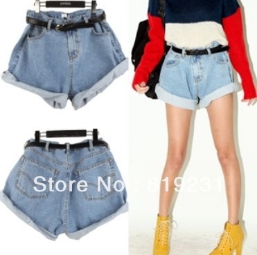 Restore ancient ways of tall waist show thin loose washed light blue denim shorts free of charge
