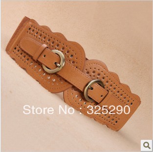 Restore ancient ways waist sealing lady's ultra wide hollow out shuangkou elastic PU leather belt of camel's hair