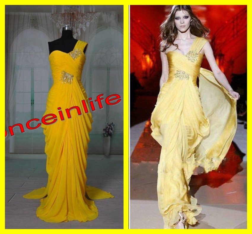 Retail ! 2013 Fashion NEW Design One Shoulder Yellow Red Carpet Dress Real Sample / Photo Dresses