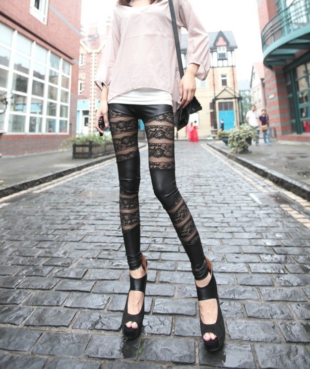 RETAIL! 2013 hot selling Spring the new big yards of leather lace stitching leggings nine minutes of pants.+free shipping  c207