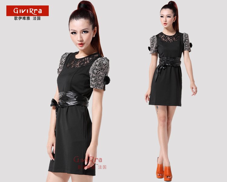 Retail And Wholesale  Contrast Color Hollow out Collar Leather Sash Graceful Knee-Length Office Ladies Dress Givirra 3860