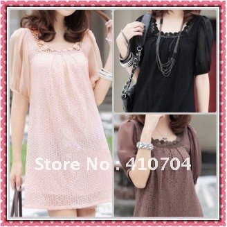 retail and wholesale fashion maternity wear clothing summer dress chiffon+lace skirt short sleeves Pregnant women 3 color