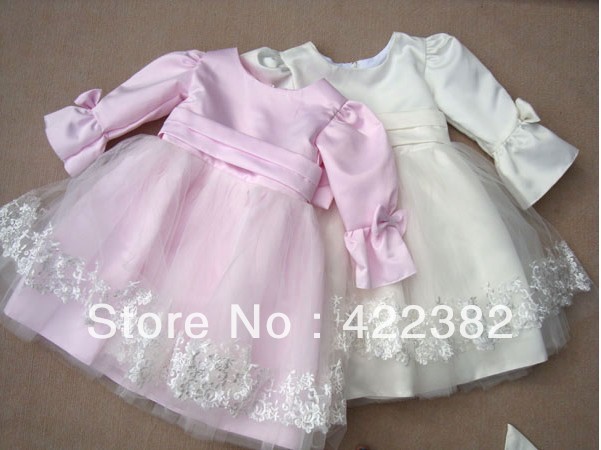 Retail- cute white/pink color kids princess dress,satin and lace long sleeve flower girl dress,new year party dress,size 95-145