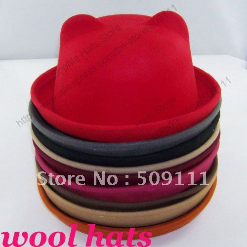 Retail Dome cap Round top Wool Bowler hats Bear hat Womens caps Animal hat Wool Fedoras 9 color MZ522