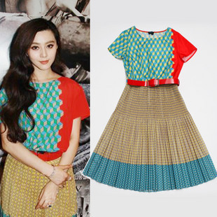 Retail/Free shipping/2012 Women's Fashion Color Block Decoration Belt Slim Faux Silk Dress female