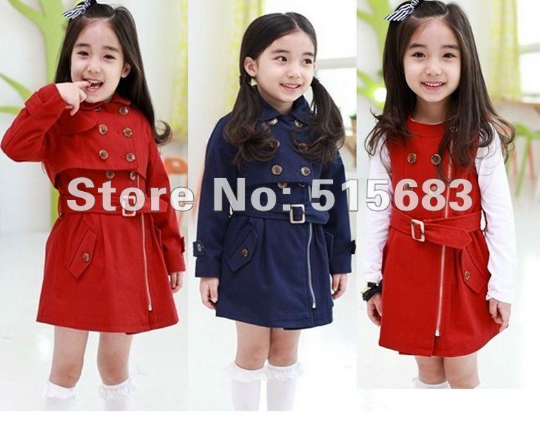 Retail Free Shipping Girl Trench Coat Wind Jacket 1-7Y Baby Jacket Toddler Dress Kids Clothes 2-PCS Outfit Outwear Autumn Spring