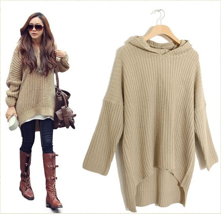 Retail FREE SHIPPING Korean Women Loose Long Irregular Hem Hooded Sweater Outerwear
