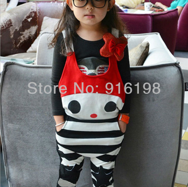 retail hot 2013spring new kids trouser children pants girl animals big hippo striped flower bow overalls cotton red black