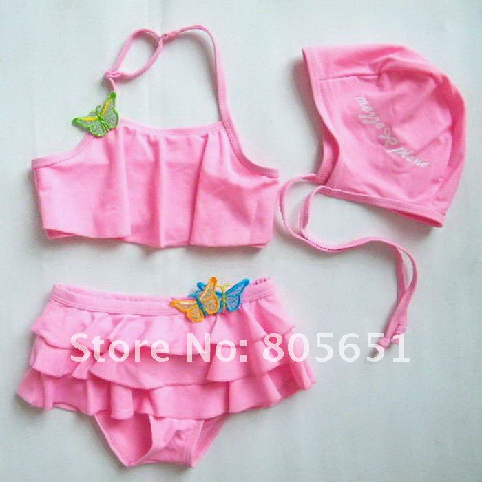 Retail-Hot-Freeshipping-Discount-Girls Pinks 3 Butterfly Swimwear Tankini Bather Beach Bikini Swimsuit Dress SZ1-7Y Choose