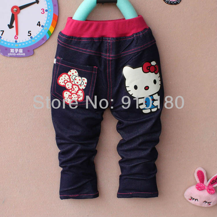 Retail hot selling one piece baby girl's kitty Jeans/ children's trousers/kids casual jeans pants+Free shipping