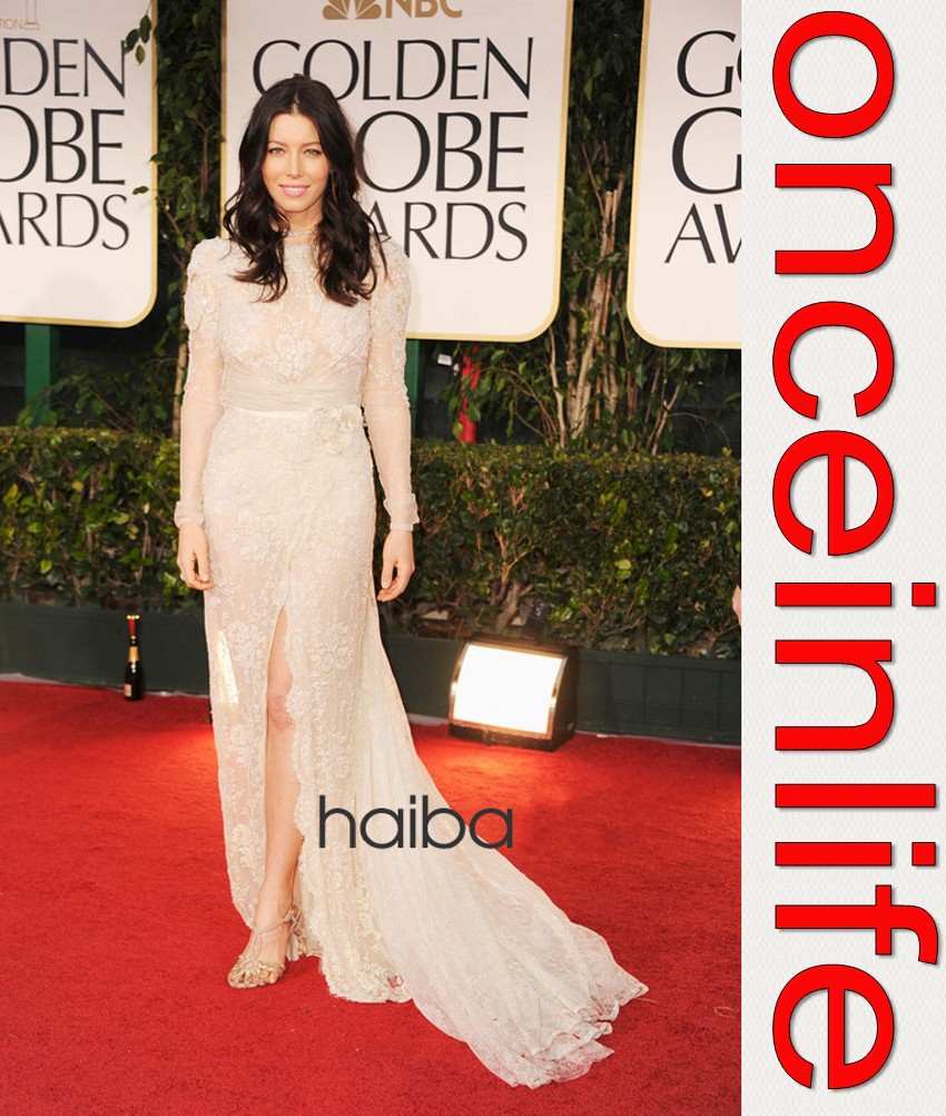 Retail ! Jessica Biel Inspired Transparent Long Sleeves Lace Embellished Red Carpet Celebrity Dress 2013