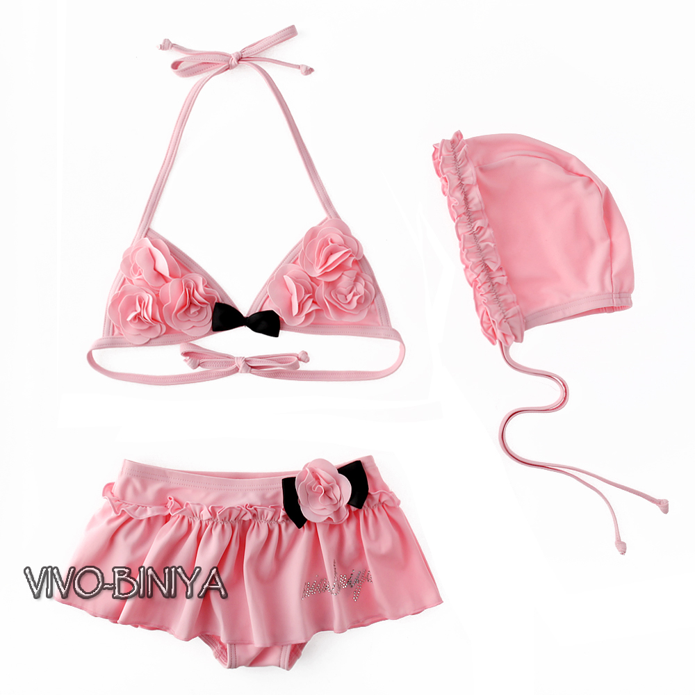 Retail! Little Girl's Pink Flower Bikini with Cap and Bow Girl's Split Swimwear Baby Bikini