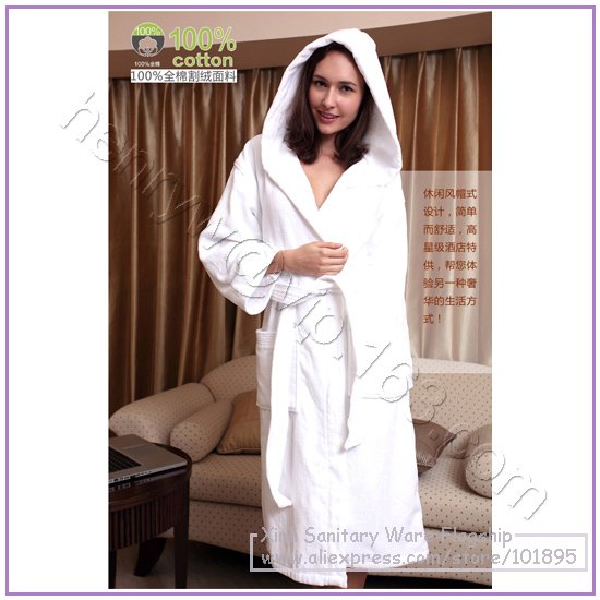 Retail - Luxury 100% Cotton Ladie's Bathrobe, White Color, high quality and comfortable robe Free Shipping XR12166