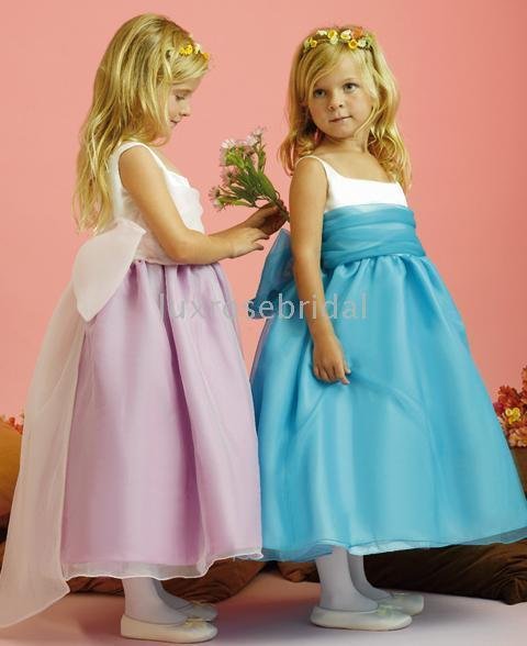 retail wholesale Dreamy Blue/White/Ivory Organza /Satin Tea length Flower dresses freeshipping