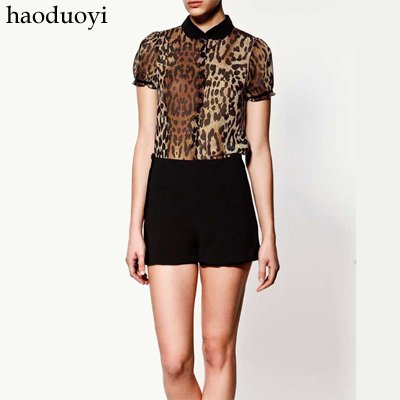 retro chiffon shirt with leopard bubble short sleeve for turn-down neck  free shipping for epacket and china post air mail